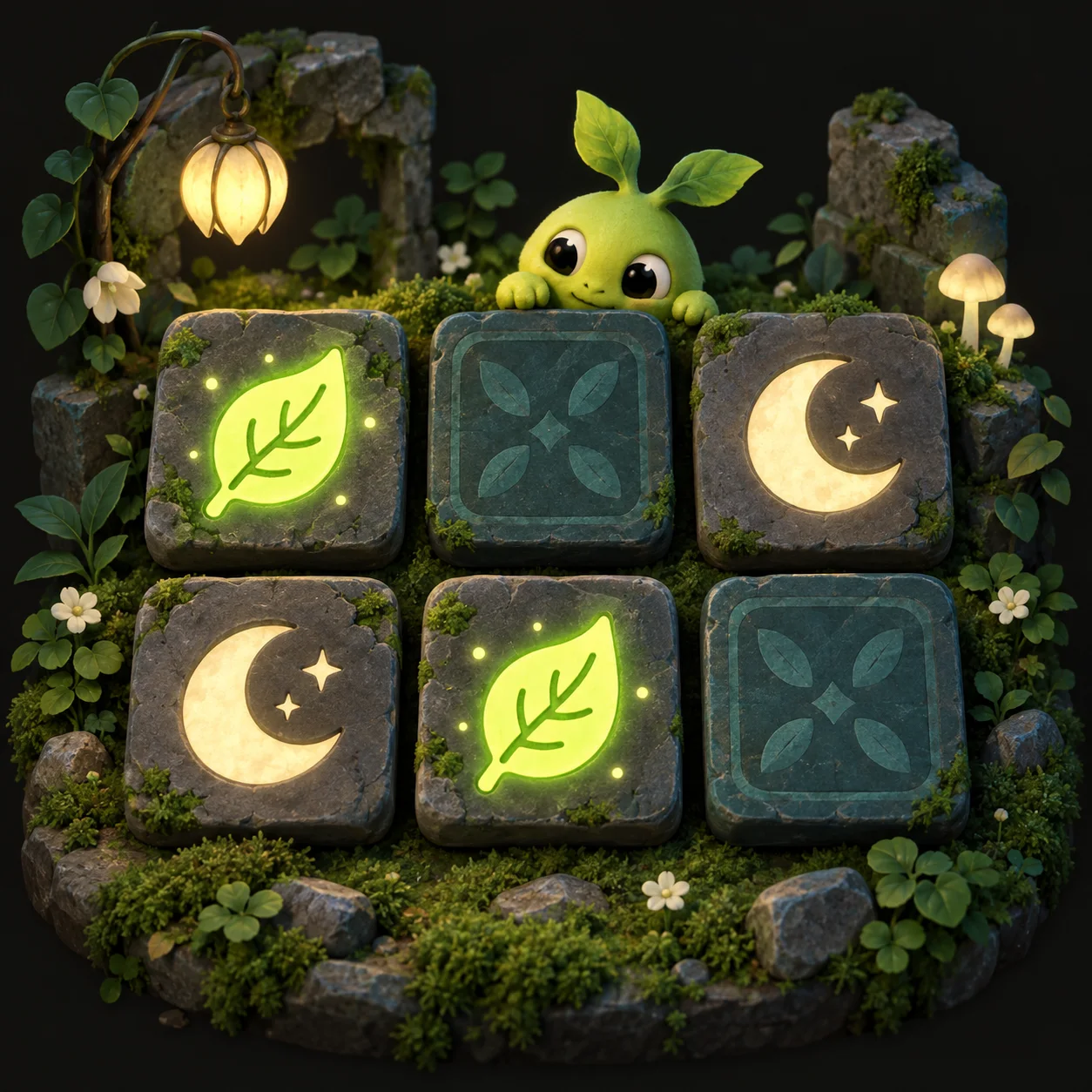 Memory-puzzle concept illustration of matching leaf and moon tiles beside a curious green creature.