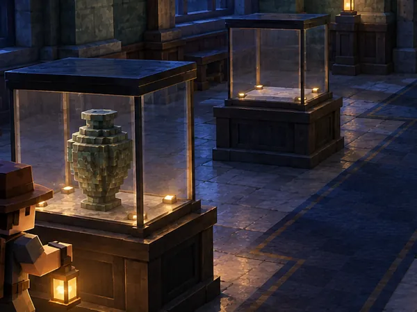 Detail of the museum concept illustration: an explorer beside a relic case, with an empty display case behind
