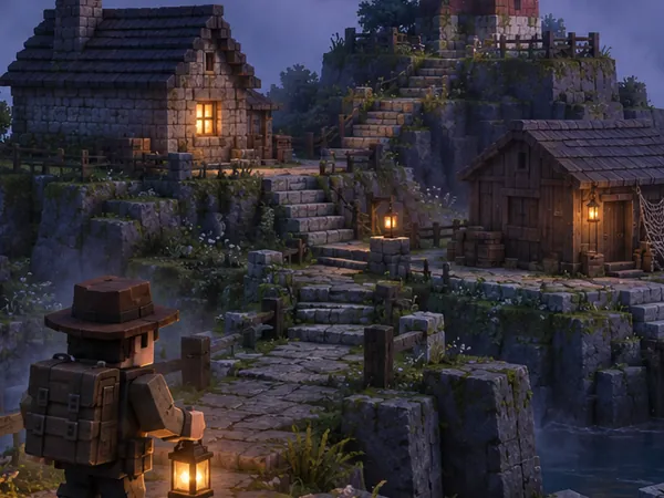 Detail of the lighthouse concept illustration: lamp-lit stone steps leading from the cottage to the shed
