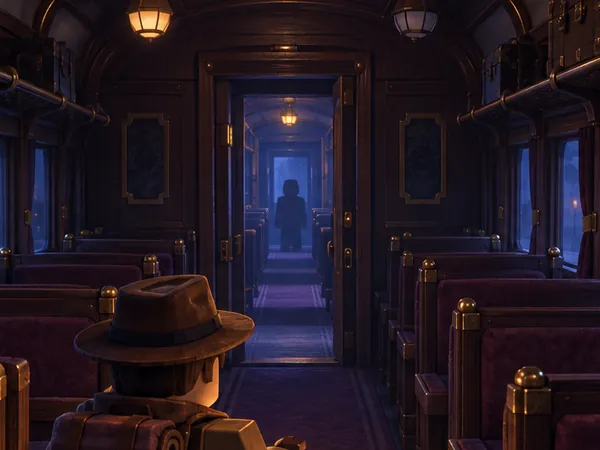 Detail of the night-train concept illustration: a distant passenger silhouette beyond an open carriage door