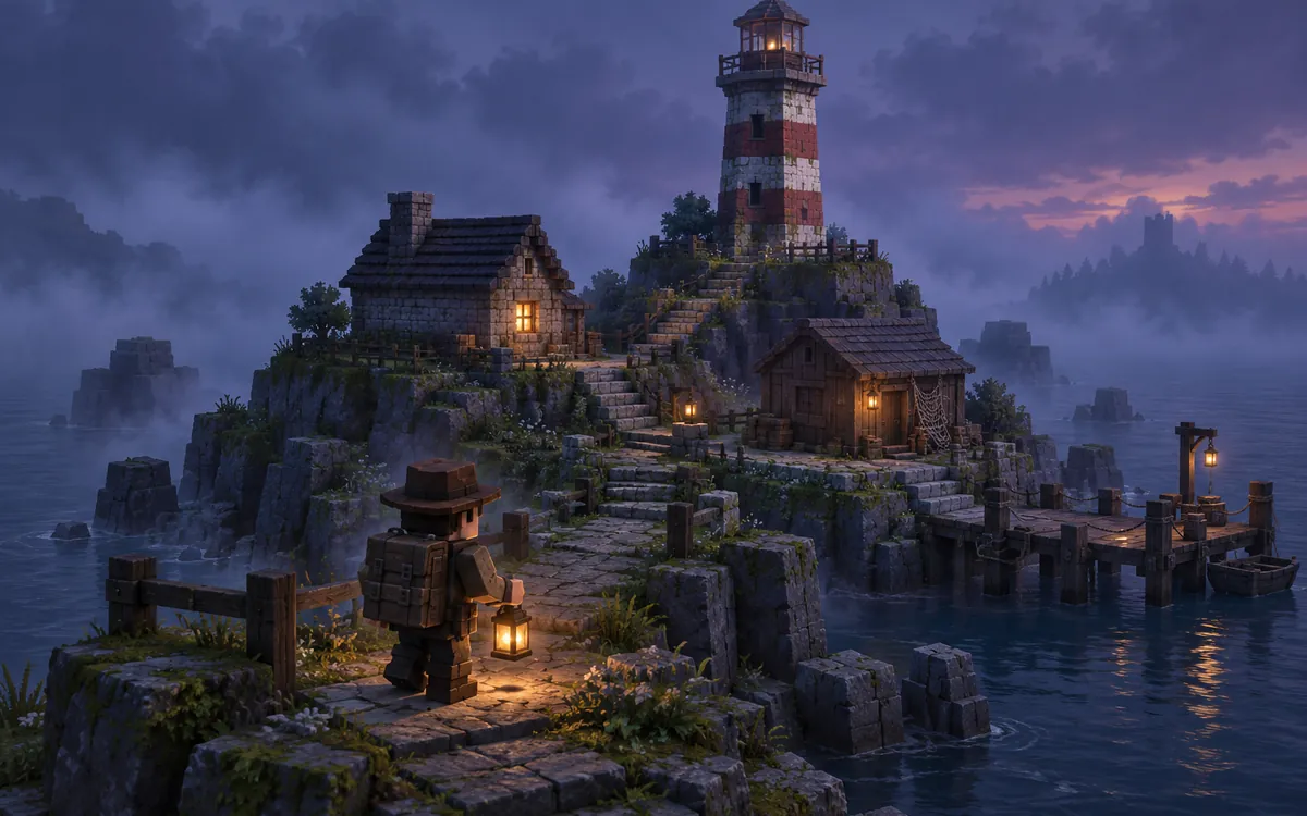 Concept illustration of a foggy lighthouse island and coastal path