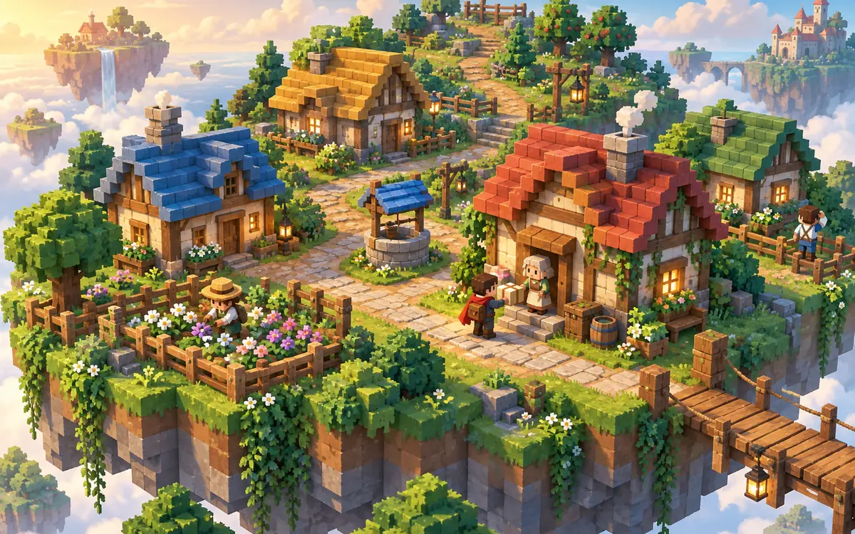 Concept illustration of villagers and a parcel-delivery quest