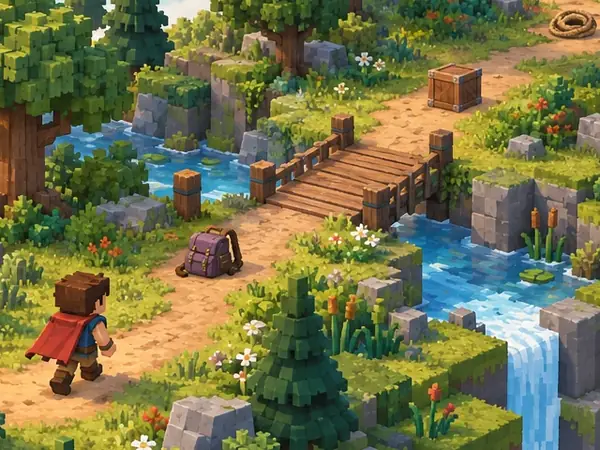 Detail of the forest quest concept illustration: lost supplies along a woodland trail near a bridge