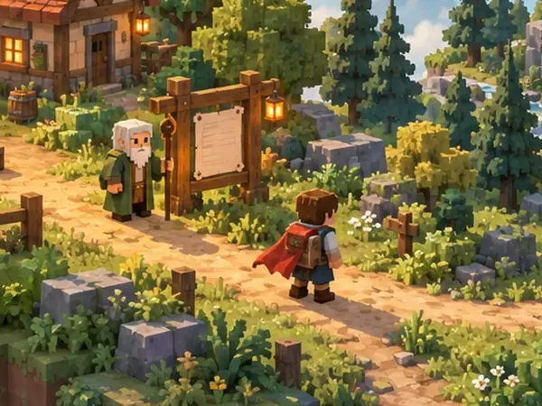 Detail of the hero concept illustration: a quest giver beside a notice board as an adventurer sets off