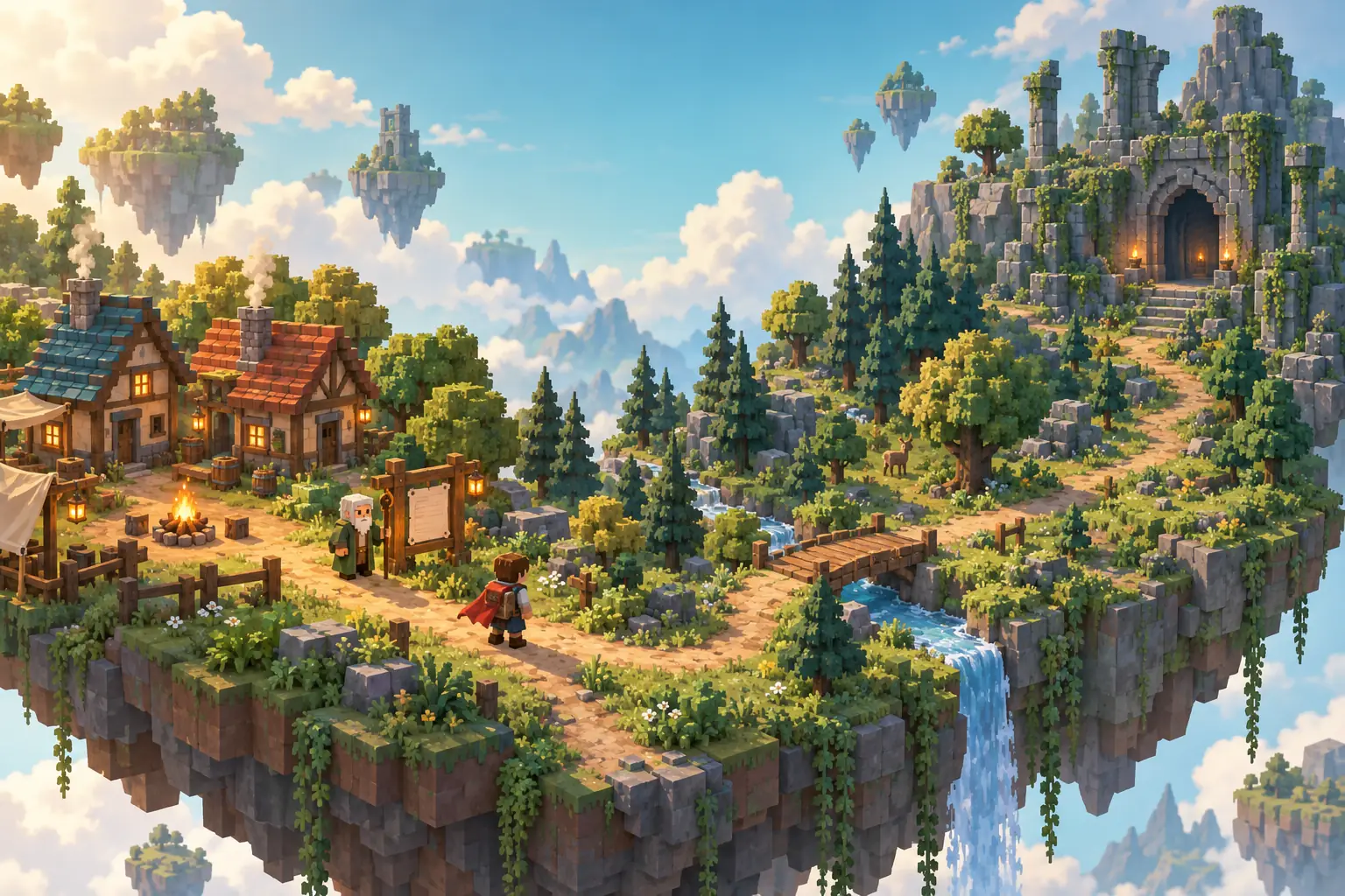 Concept illustration of a village, forest path, and ancient ruins for a Roblox RPG idea