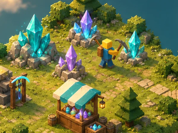 Detail of the crystal theme illustration: crystal clusters and a player mining with a pickaxe