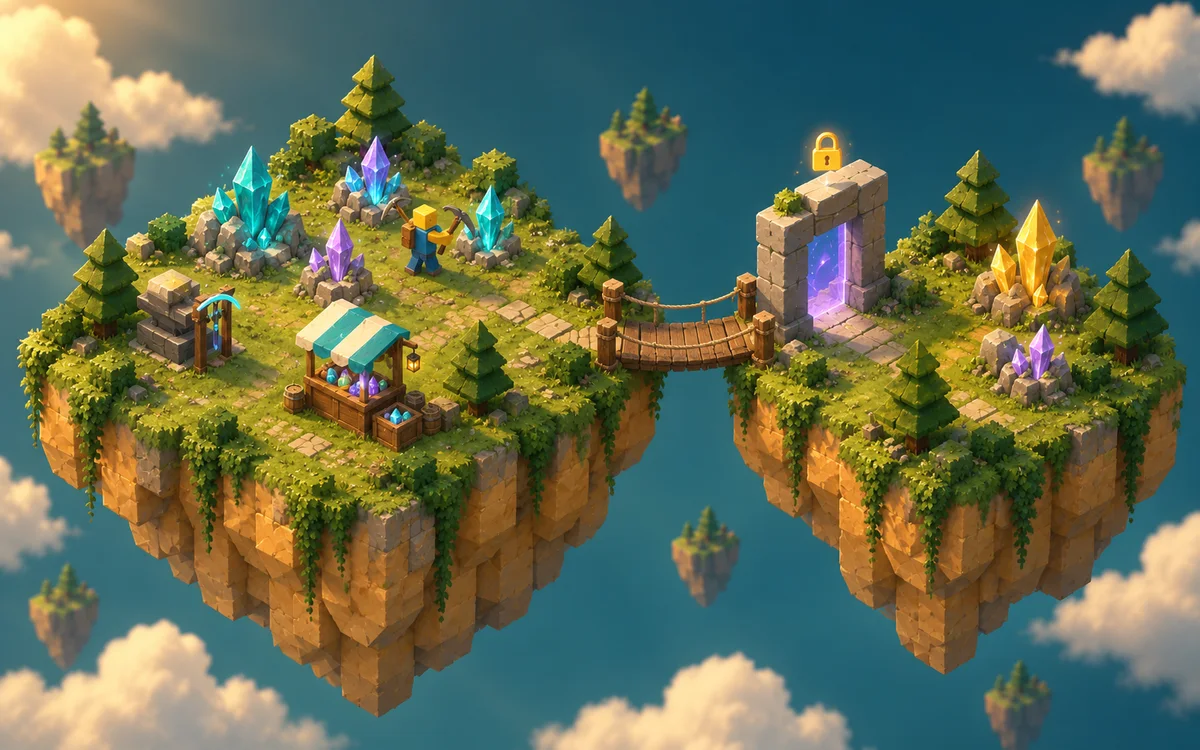 Theme illustration of a floating island with crystal clusters, a player with a pickaxe, a sell stall and an upgrade anvil, and a bridge leading to a locked gate on a second island with golden crystals