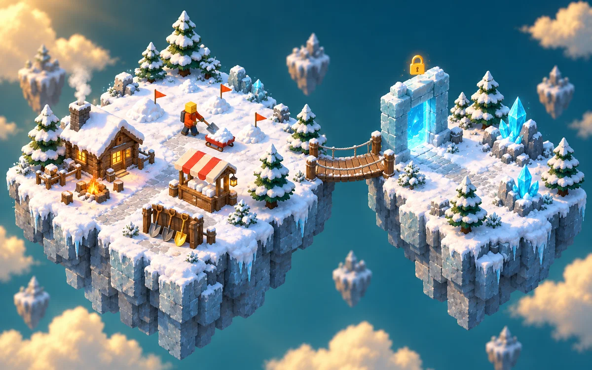 Theme illustration of a snowy island with flagged snow patches, a player with a shovel and a sled, a cabin camp, a sell stall and a shovel upgrade bench, and a bridge leading to an ice gate