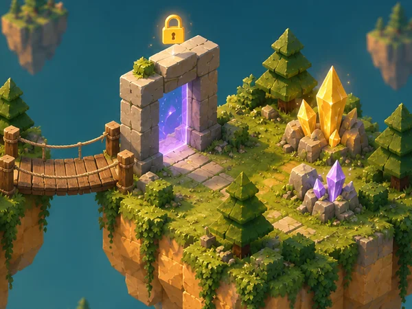 Detail of the crystal theme illustration: a bridge leading to a locked stone gate and a second island with golden crystals