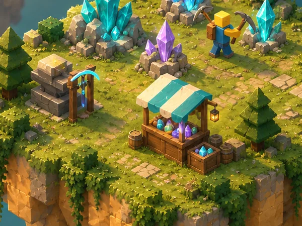 Detail of the crystal theme illustration: an upgrade anvil with a tool rack next to a sell stall