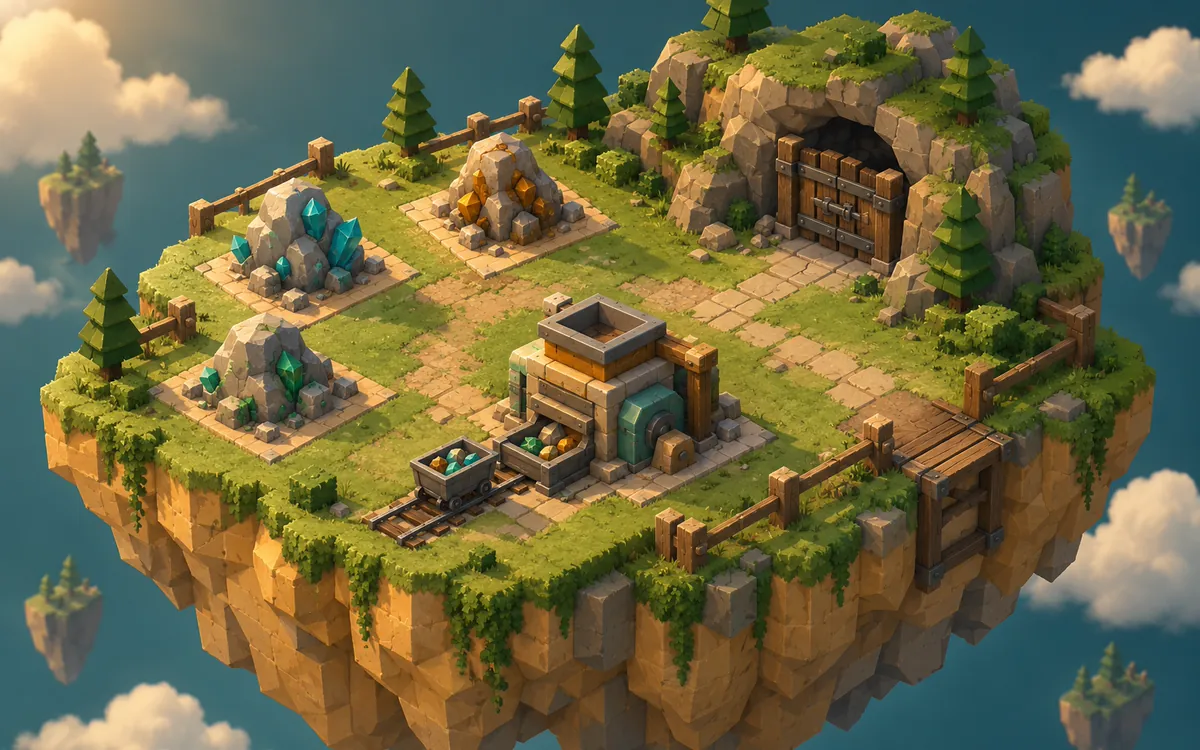 Theme illustration of a small mining plot with crystal ore spots, a processing machine, a cart rail and a gated cave