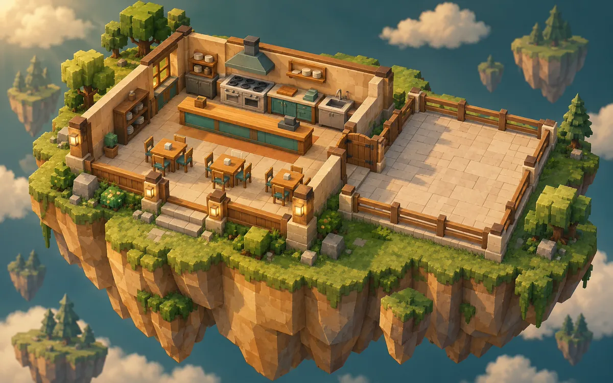 Theme illustration of a small open-roof restaurant with a counter, kitchen, tables and an empty terrace to unlock