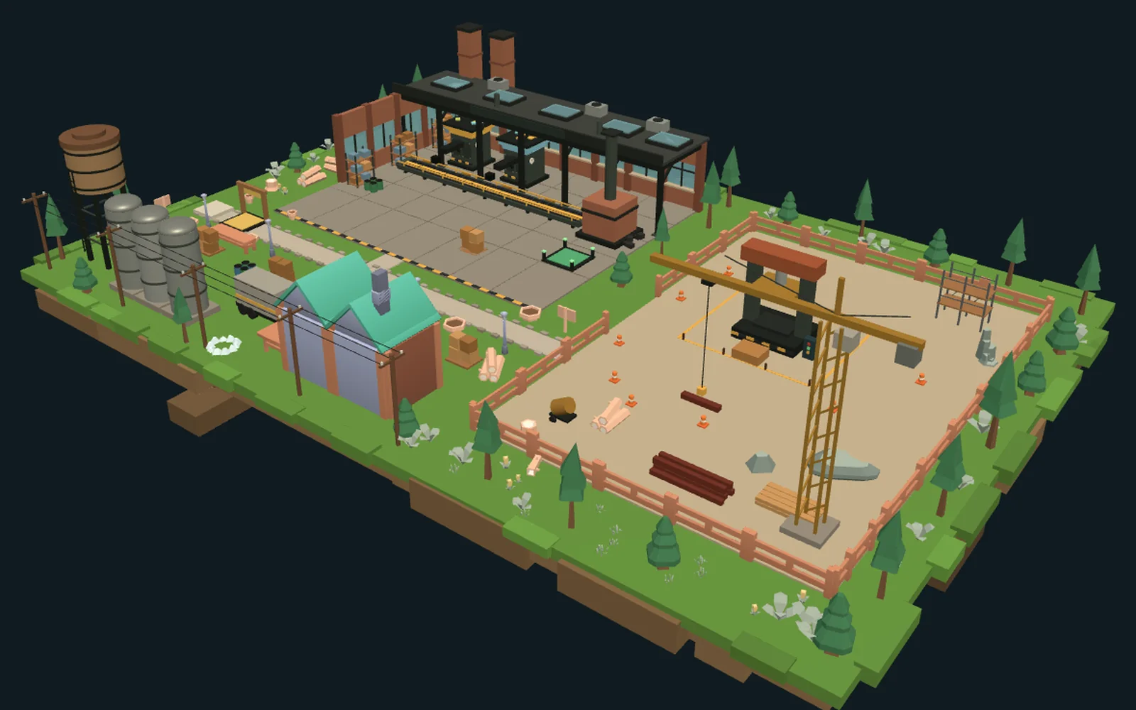 Browser render of the same sample with every purchase shown: a second machine, the faster conveyor, an open gate and the heavy press in the expansion
