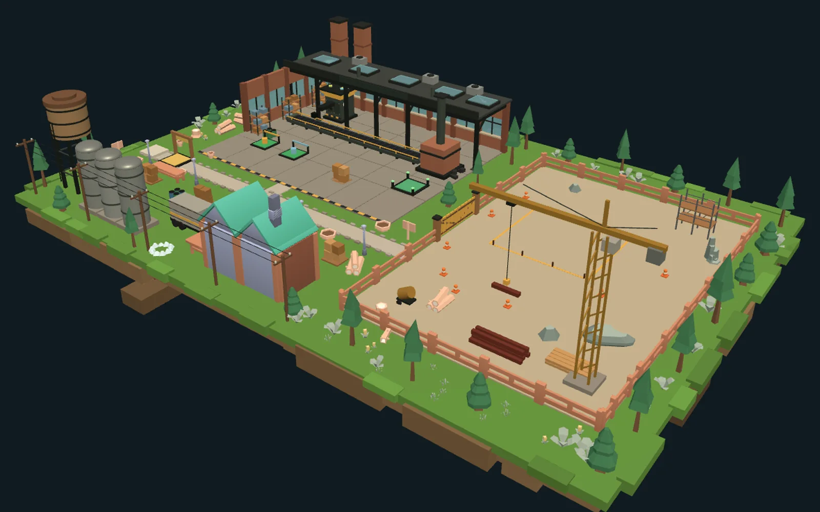 Browser render of the sample factory tycoon: a brick factory with one machine and a conveyor, purchase pads, a yard with silos and a water tower, and a fenced construction site with a crane