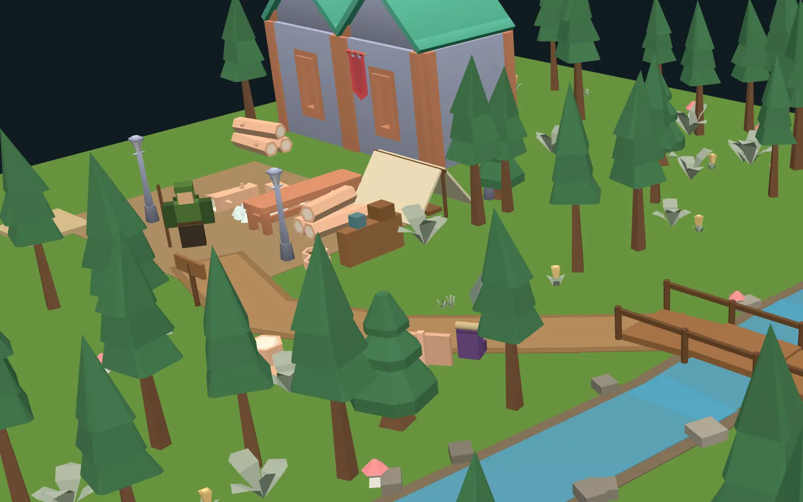 Browser render of the sample’s ranger camp: Ranger Mira beside the campfire, the tent and the trail sign