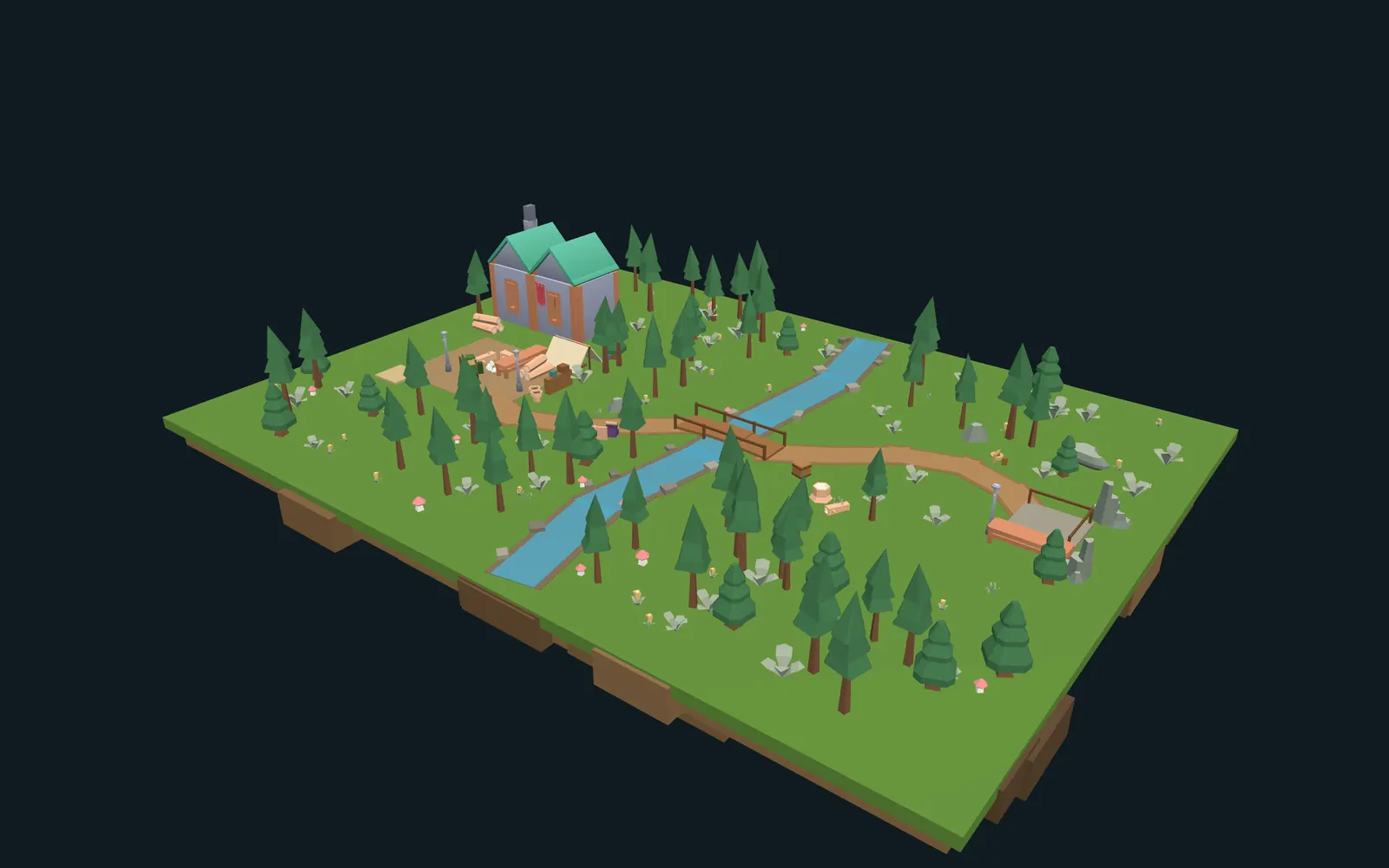 Browser render of the sample forest quest: a ranger camp with a tent and hut, a trail through the forest, a stream with a wooden bridge, and a lookout